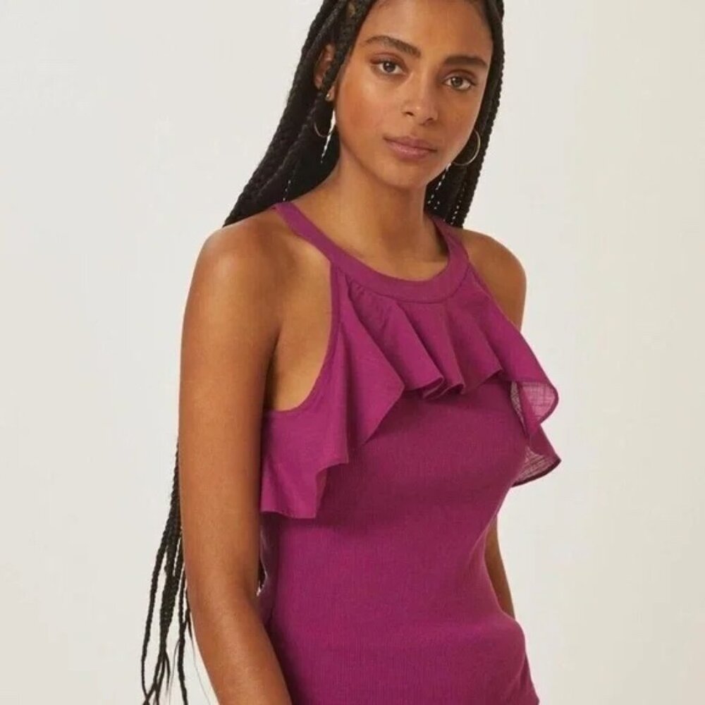 Anthropologie Maeve Ribbed Ruffled Halter Tank Top, Purple, Size XS